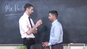 BigDicksAtSchool.com - Hairy college guy Jake Steel wearing collar amongst Dominic Pacifico dick sucking