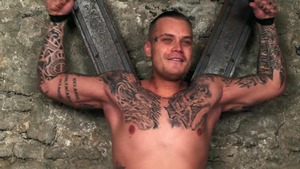 BROMO: Muscle Daren D with inked Vito throat fuck in dungeon