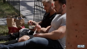 DrillMyHole.com: Passionate american Derek Bolt and tattooed William Seed throat fucking outdoors