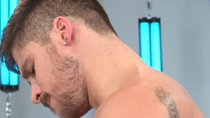 Inked hunk fucked in doggy style and throated until the last drops of gay jizz