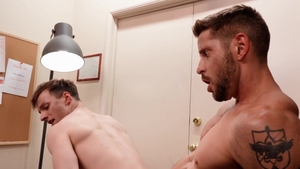 Doggystyle bareback anal at the locker room for two team mates